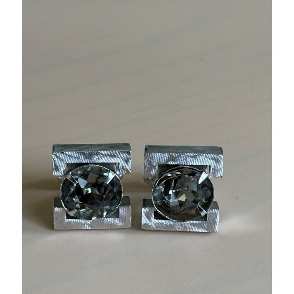 Vintage Silver-Tone Cufflinks With Round Clear Rhinestone Accents Mens Accessory